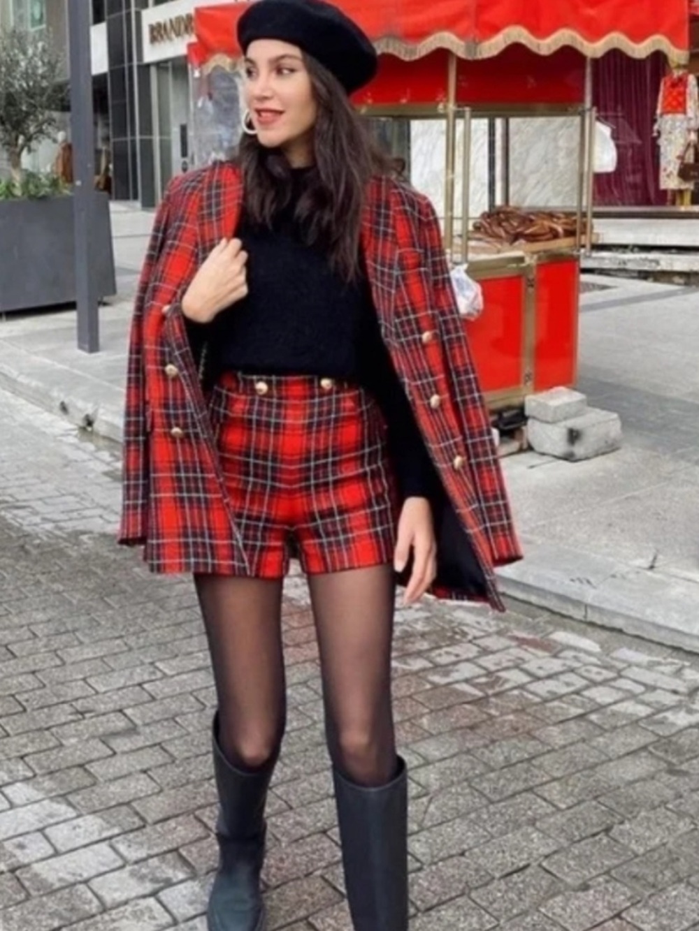 Zara Red Black Tartan Plaid Tweed Double Breasted Blazer Jacket Size Medium - Picture 4 of 12